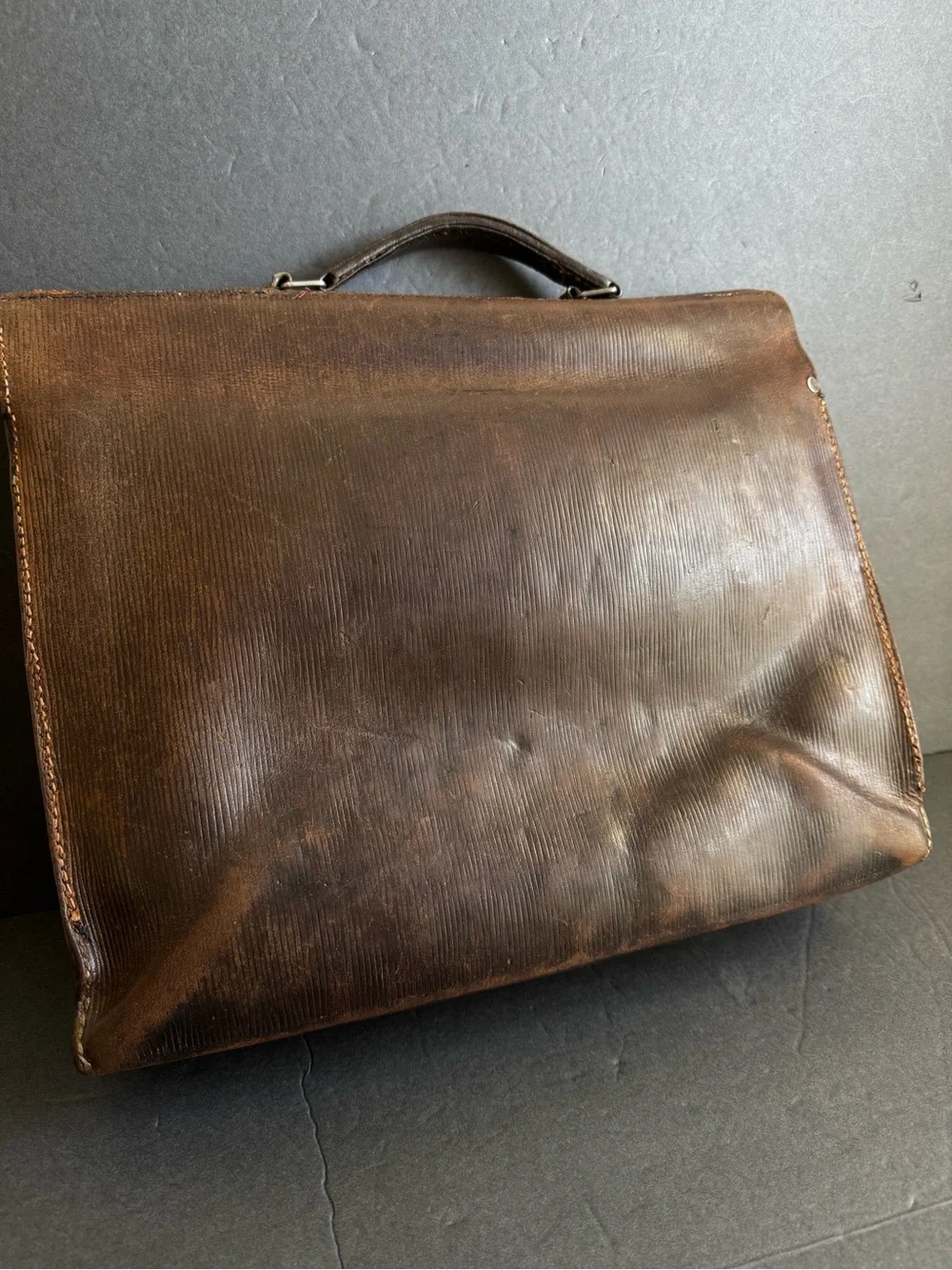 Vintage 1940s Briefcase French Attaché Case Dark Brown Ribbed Distressed Leather